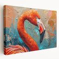 Vibrant flamingo wall art design on stretched canvas, showcasing bold pink hues and tropical elements, perfect for enhancing home decor aesthetics.