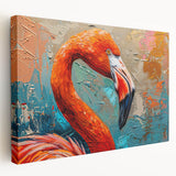 Vibrant flamingo wall art design on stretched canvas, showcasing bold pink hues and tropical elements, perfect for enhancing home decor aesthetics.