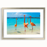 Framed wall art design showcasing vibrant flamingos against a serene backdrop, featuring a silver frame and mat for an elegant touch, perfect for modern decor.
