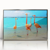 Framed wall art featuring a vibrant flamingo design with a sleek silver frame, ideal for adding a tropical touch to home decor. Perfect for bird lovers and modern aesthetics.