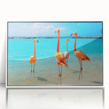 Framed wall art featuring a vibrant flamingo design in shades of pink and white, elegantly showcased in a sleek white frame, perfect for modern home decor.