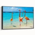 Framed canvas wall art showcasing a vibrant flamingo design, featuring bold colors and intricate details, presented in a sleek black frame, ideal for modern decor.