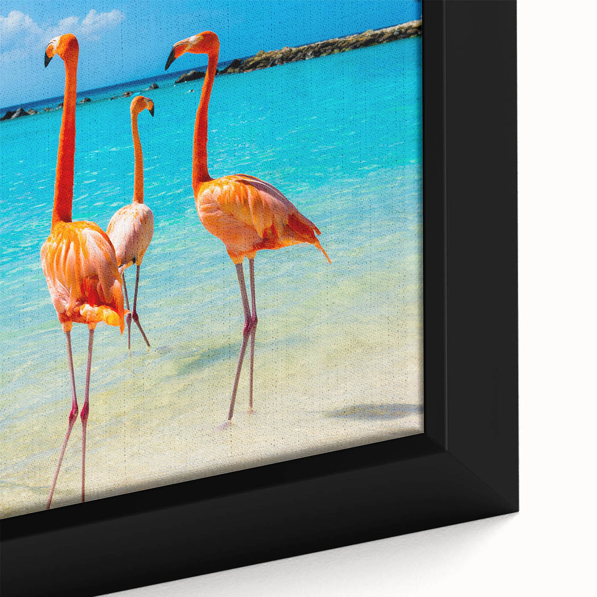 Close-up of a vibrant framed canvas wall art featuring elegant flamingo designs in pink and teal hues, perfect for adding a tropical touch to home decor.