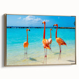 Framed wall art featuring a vibrant flamingo design on canvas with gold accents, showcasing a side view that highlights its artistic details and elegance. Ideal for enhancing home decor.