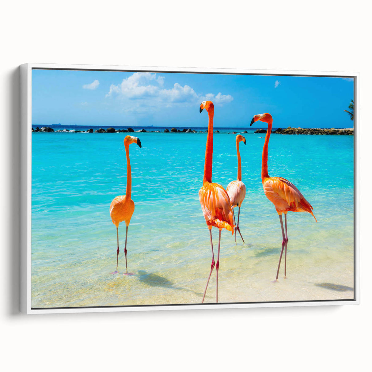 Framed canvas wall art featuring a vibrant flamingo design in pink and white, set against a minimalist backdrop, perfect for modern home decor.