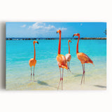 Vibrant stretched canvas wall art featuring a colorful flamingo design in a tropical setting, perfect for adding a lively touch to home decor.