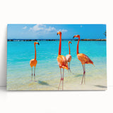 Flamingo design wall art on stretched canvas, showcasing vibrant pink hues and tropical leaves, perfect for enhancing modern home decor aesthetics.