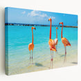 Colorful flamingo wall art design displayed on a stretched canvas, showcasing vibrant pink and teal hues with a modern aesthetic, ideal for home decor accents.