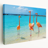 Colorful flamingo wall art design displayed on a stretched canvas, showcasing vibrant pink and teal hues with a modern aesthetic, ideal for home decor accents.
