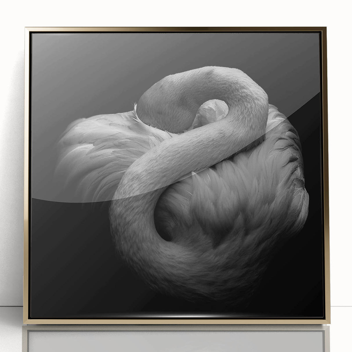 Framed wall art featuring a vibrant flamingo design, set in an elegant acrylic frame with a gold finish, perfect for enhancing modern decor.