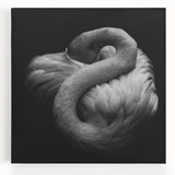 Flamingo wall art design on stretched canvas, showcasing vibrant pink and green colors, perfect for tropical-themed decor. Ideal for enhancing living spaces.