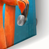 Close-up of a vibrant flamingo-themed wall art piece showcasing colorful acrylic glass design. Perfect for adding a tropical touch to home decor.