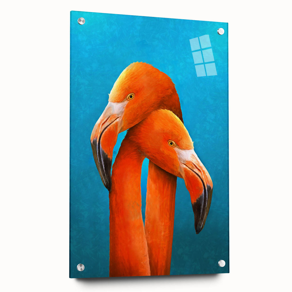 Acrylic wall art featuring a vibrant flamingo design, presented in a side view with decorative pins, showcasing bright pink hues against a sleek glass background. Ideal for modern decor.