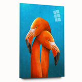 Vibrant flamingo-themed wall art collection displayed in an acrylic frame, showcasing colorful birds in a lively design, perfect for modern home decor.