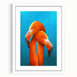 Framed wall art featuring a vibrant flamingo design, showcasing a mix of pink and white colors, set against a clean white mat, perfect for modern decor.