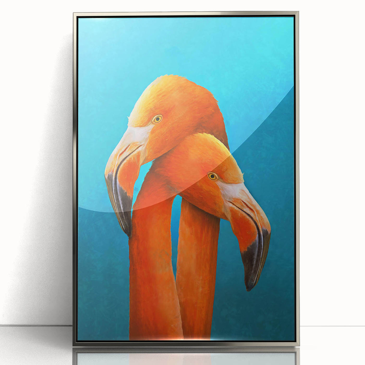 Framed wall art showcasing a vibrant flamingo design in shades of pink and silver, elegantly displayed in an acrylic frame, perfect for modern home decor.