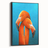 Framed canvas wall art showcasing a vibrant flamingo design, featuring bold pink and green colors, displayed from a black side view, perfect for home decor.