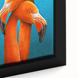 Close-up of a framed wall art design showcasing vibrant pink flamingos against a tropical background, highlighting intricate details and textures, perfect for home decor.