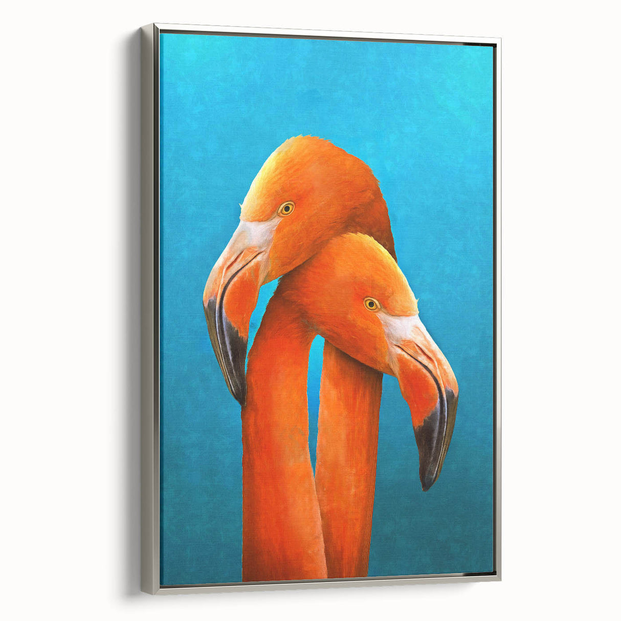 Framed canvas wall art featuring a colorful flamingo design, showcasing elegant birds in a vibrant setting with a sleek silver frame, perfect for modern decor.