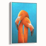 Framed canvas wall art featuring a vibrant flamingo design in a contemporary style, set against a white background, perfect for modern home decor. Ideal for enhancing living spaces with a splash of color and elegance.
