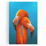 Vibrant stretched canvas wall art featuring a graceful flamingo design, showcasing bright pink hues against a serene blue background, perfect for modern decor.