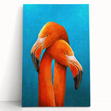 Flamingo-themed stretched canvas wall art showcasing vibrant pink and green colors, ideal for modern home decor, leaning against a neutral wall background.