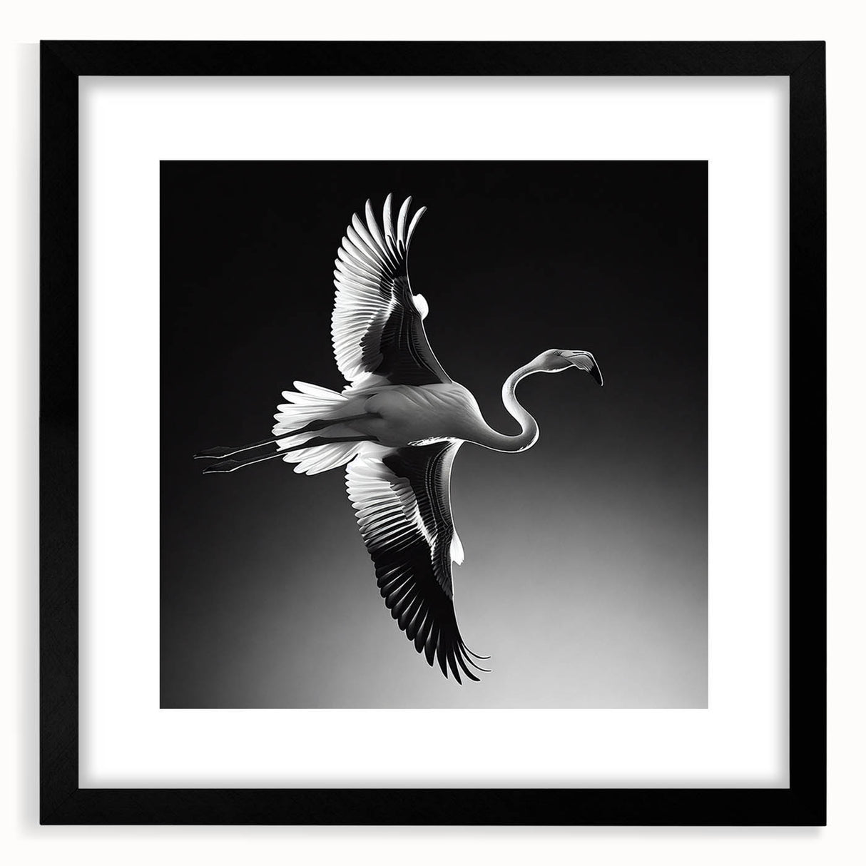 Framed wall art featuring a vibrant flamingo design on a black background, showcasing intricate details and a modern aesthetic, perfect for home decor.