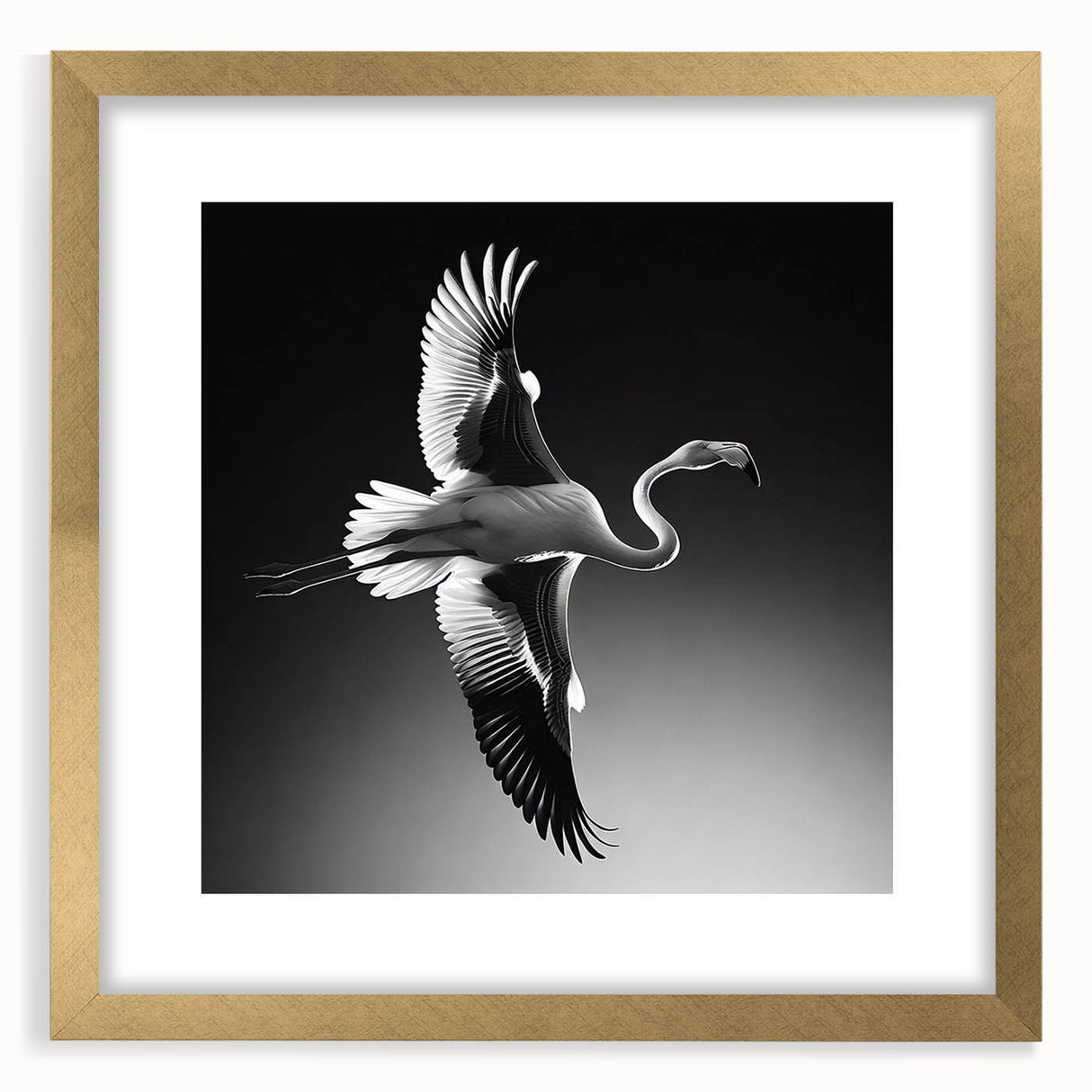 Framed wall art showcasing a vibrant flamingo design in gold tones, elegantly matted and perfect for home decor, enhancing any space with a tropical touch.