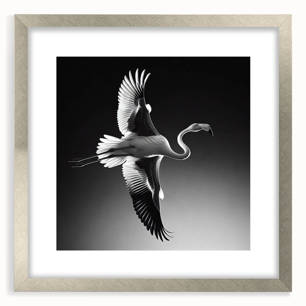 Elegant flamingo wall art framed in silver with a mat, showcasing vibrant pink and green colors, perfect for adding a tropical touch to home decor.