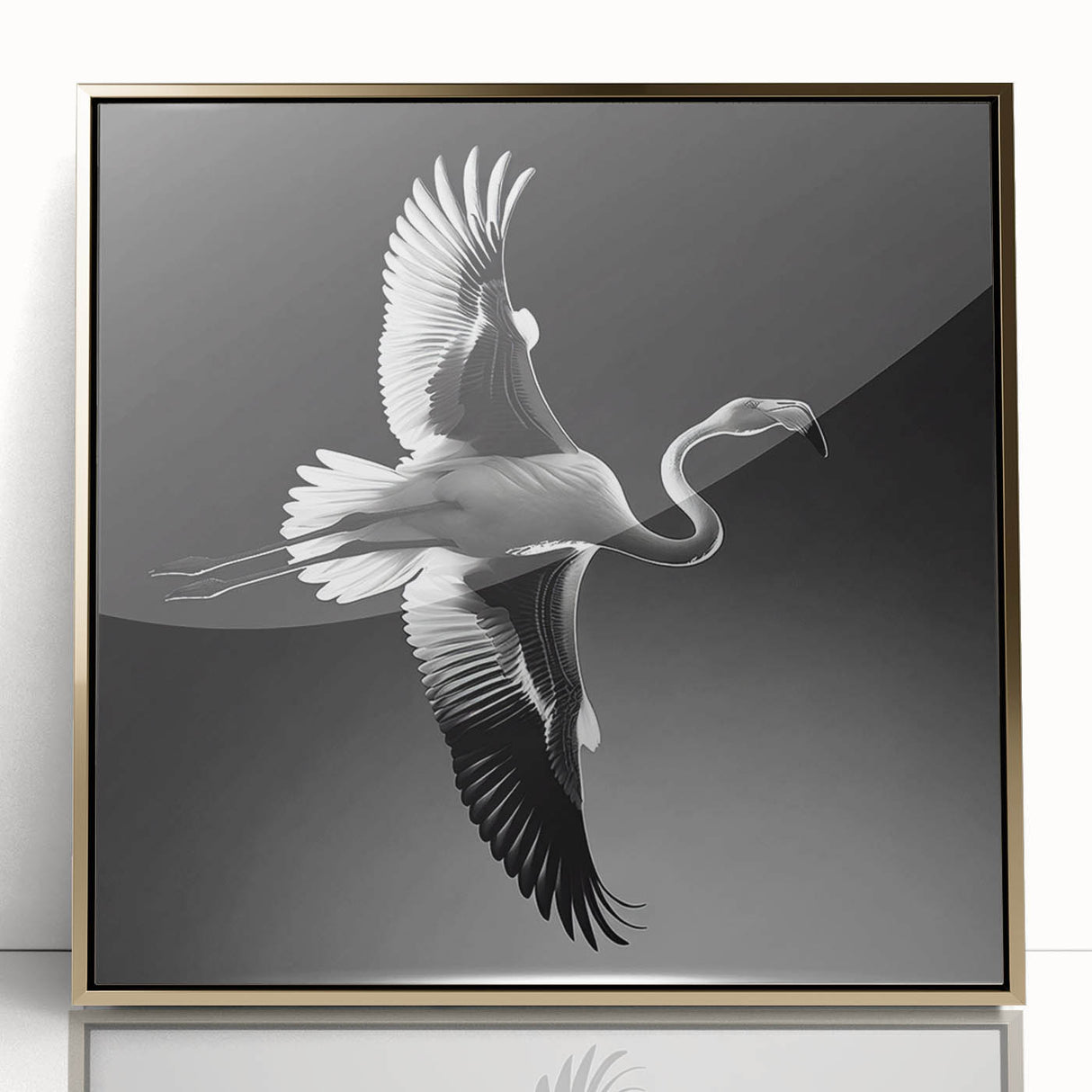 Framed acrylic wall art featuring a vibrant flamingo design with gold accents, showcasing a contemporary style perfect for modern home decor. The piece emphasizes bright colors and intricate details, ideal for adding a touch of elegance to living spaces.