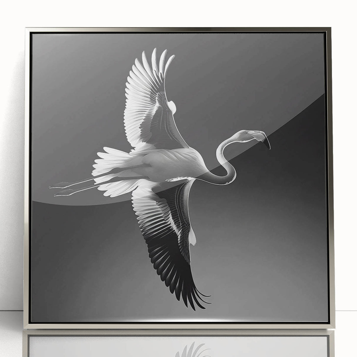 Framed wall art showcasing a vibrant flamingo design in a silver acrylic frame, perfect for modern home decor. Ideal for enhancing living spaces with tropical elegance.