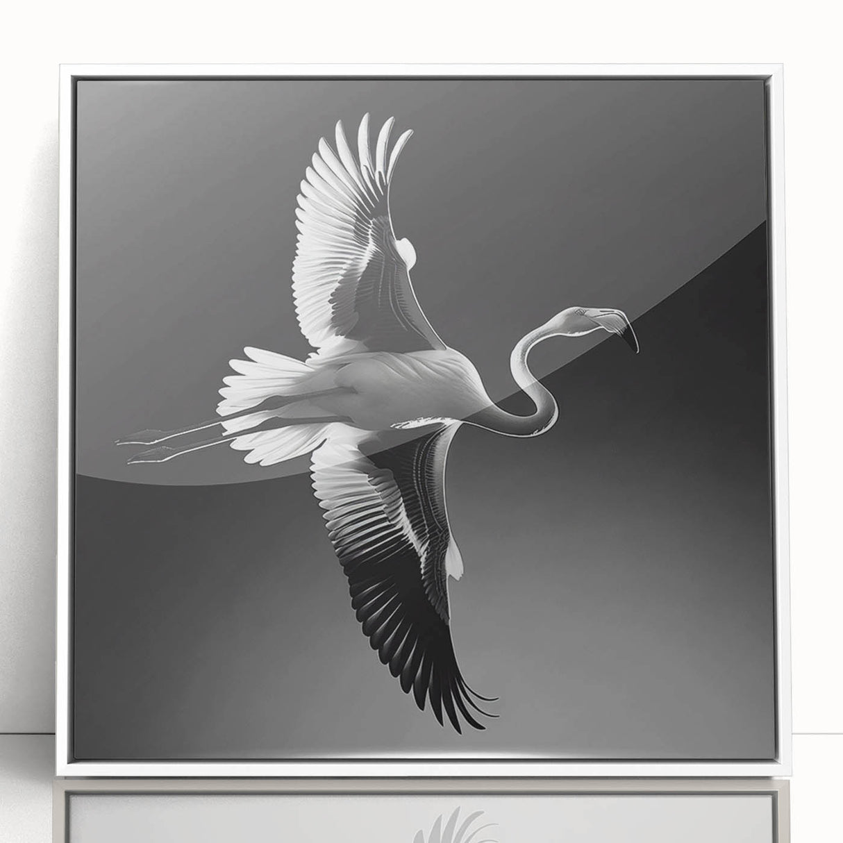 Framed wall art featuring a colorful flamingo design, showcasing vibrant pink and teal hues against a white background, perfect for modern decor.