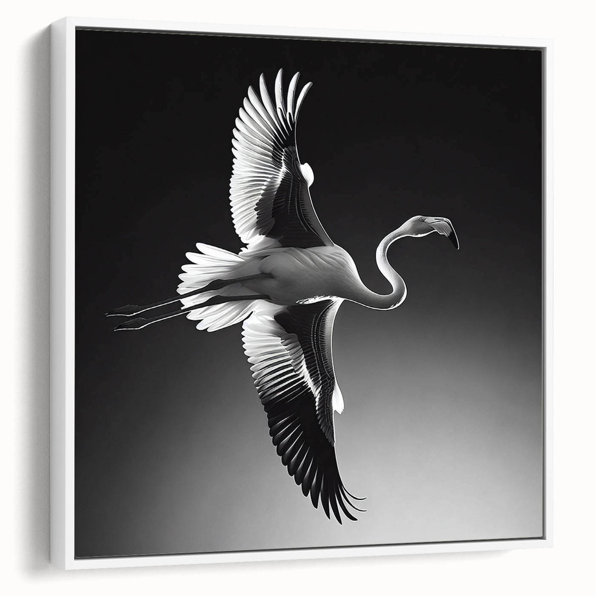 Framed wall art featuring a vibrant flamingo design on a white background, showcasing tropical colors and a modern aesthetic, perfect for home decor.