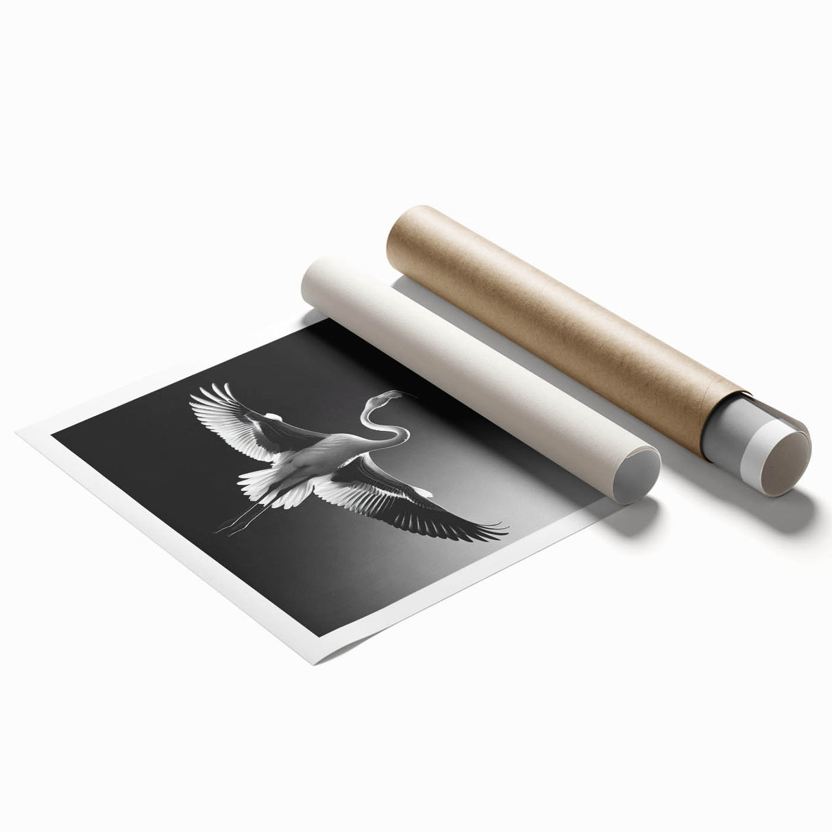 Stylish rolled print showcasing a vibrant flamingo design, perfect for home decor, featuring bold colors and intricate details, packaged securely for shipping.