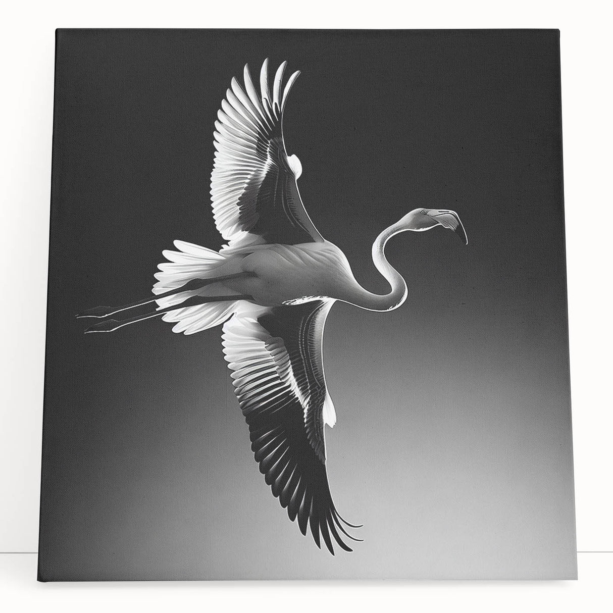 Vibrant flamingo wall art design printed on stretched canvas, showcased in a modern setting, perfect for tropical-themed home decor. Ideal for art enthusiasts.