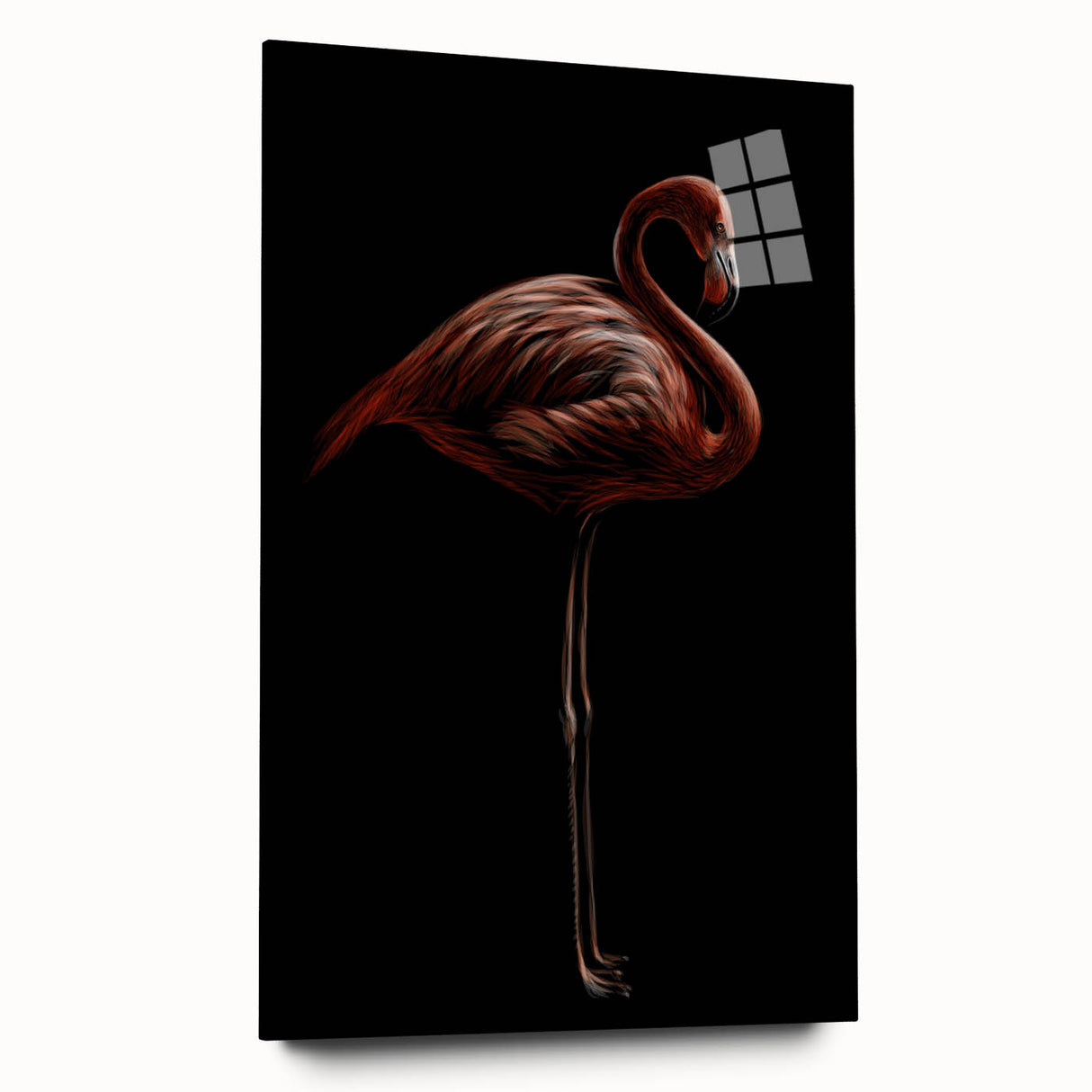 Acrylic glass wall art displaying a vibrant flamingo design in shades of pink and blue, showcased from the side without pins, perfect for modern decor.