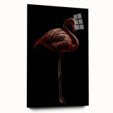 Acrylic glass wall art displaying a vibrant flamingo design in shades of pink and blue, showcased from the side without pins, perfect for modern decor.