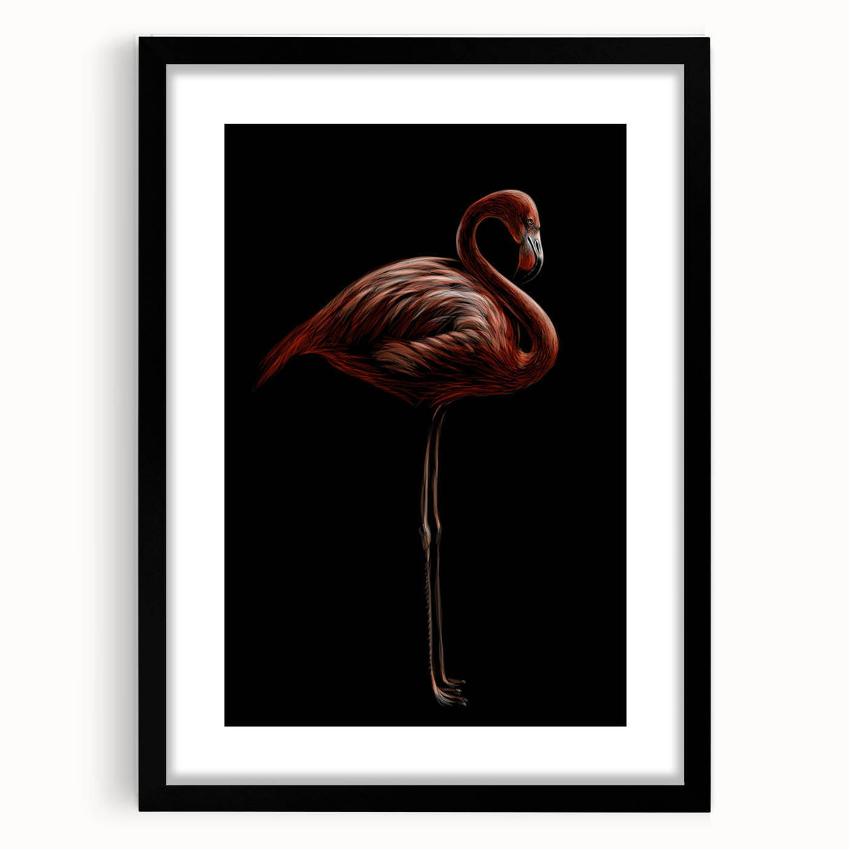 Framed wall art showcasing a vibrant flamingo design in a modern black frame with a white mat, ideal for enhancing contemporary decor and bringing a pop of color to any space.