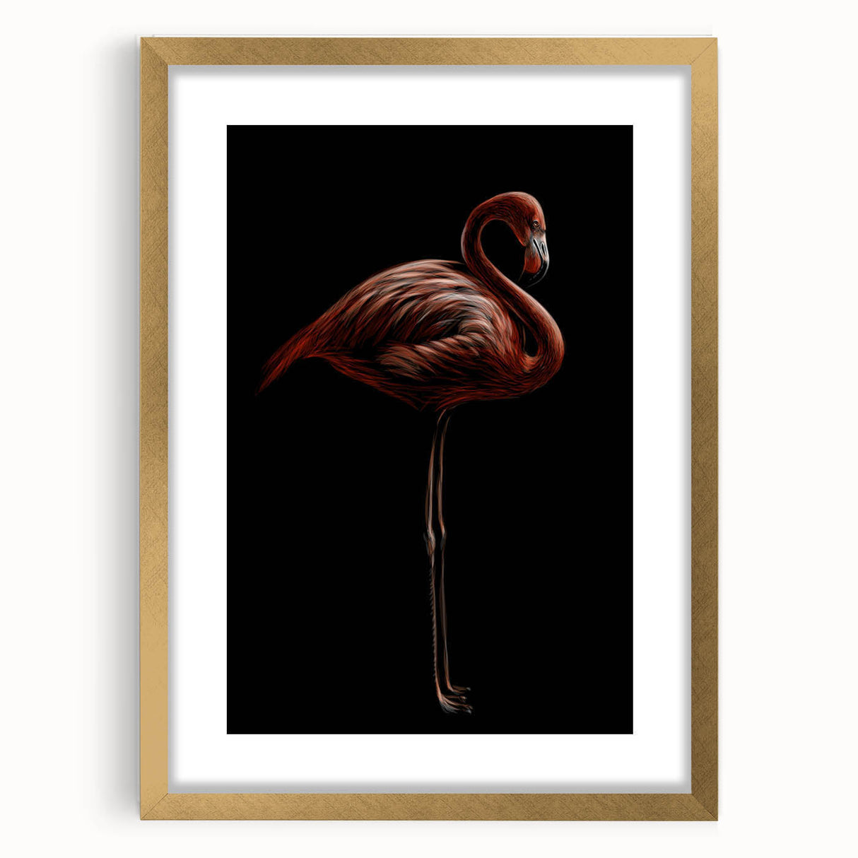 Elegant flamingo wall art in a gold frame, showcasing vibrant pink and green colors, perfect for adding a tropical touch to your home decor. Ideal for bird lovers and modern interior design enthusiasts.
