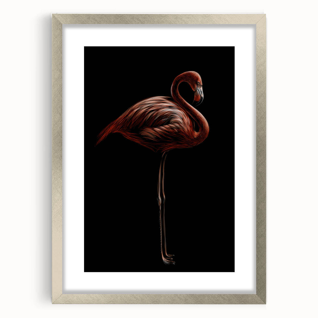 Flamingo wall art design displayed in a sleek silver frame with a mat, showcasing vibrant pink hues and intricate details, perfect for modern home decor.
