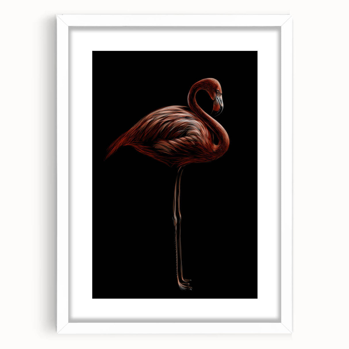Framed wall art featuring a vibrant flamingo design, presented in a white mat and frame, ideal for enhancing modern decor and adding a tropical touch.