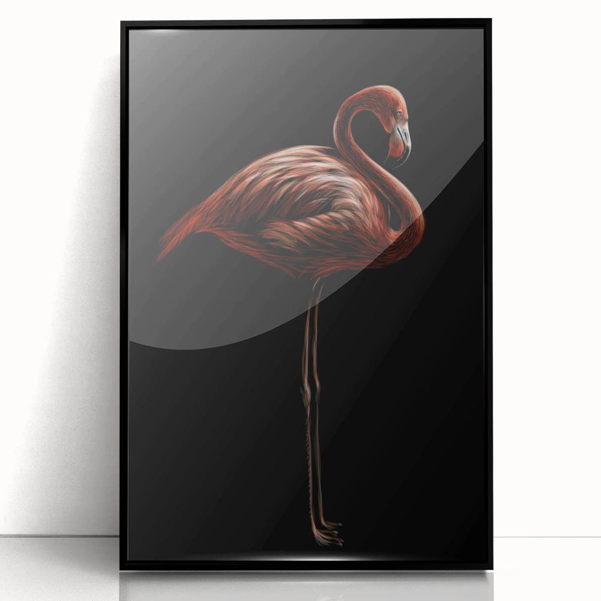 Framed wall art featuring a vibrant flamingo design in acrylic, set against a sleek black frame, ideal for modern decor and bird enthusiasts.