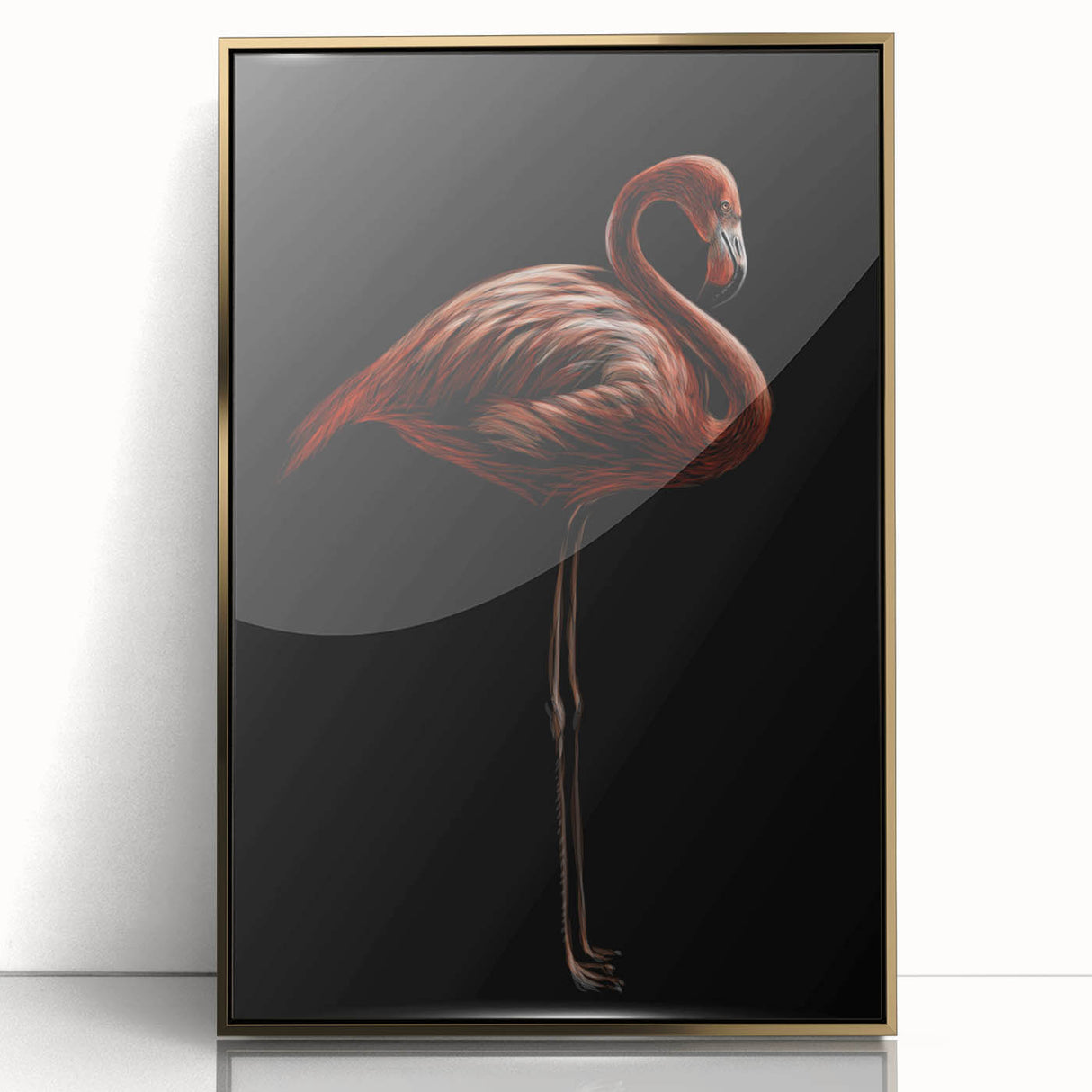 Framed acrylic wall art showcasing a vibrant flamingo design in gold accents, perfect for adding a touch of elegance to any modern decor. Ideal for bird lovers and art enthusiasts.