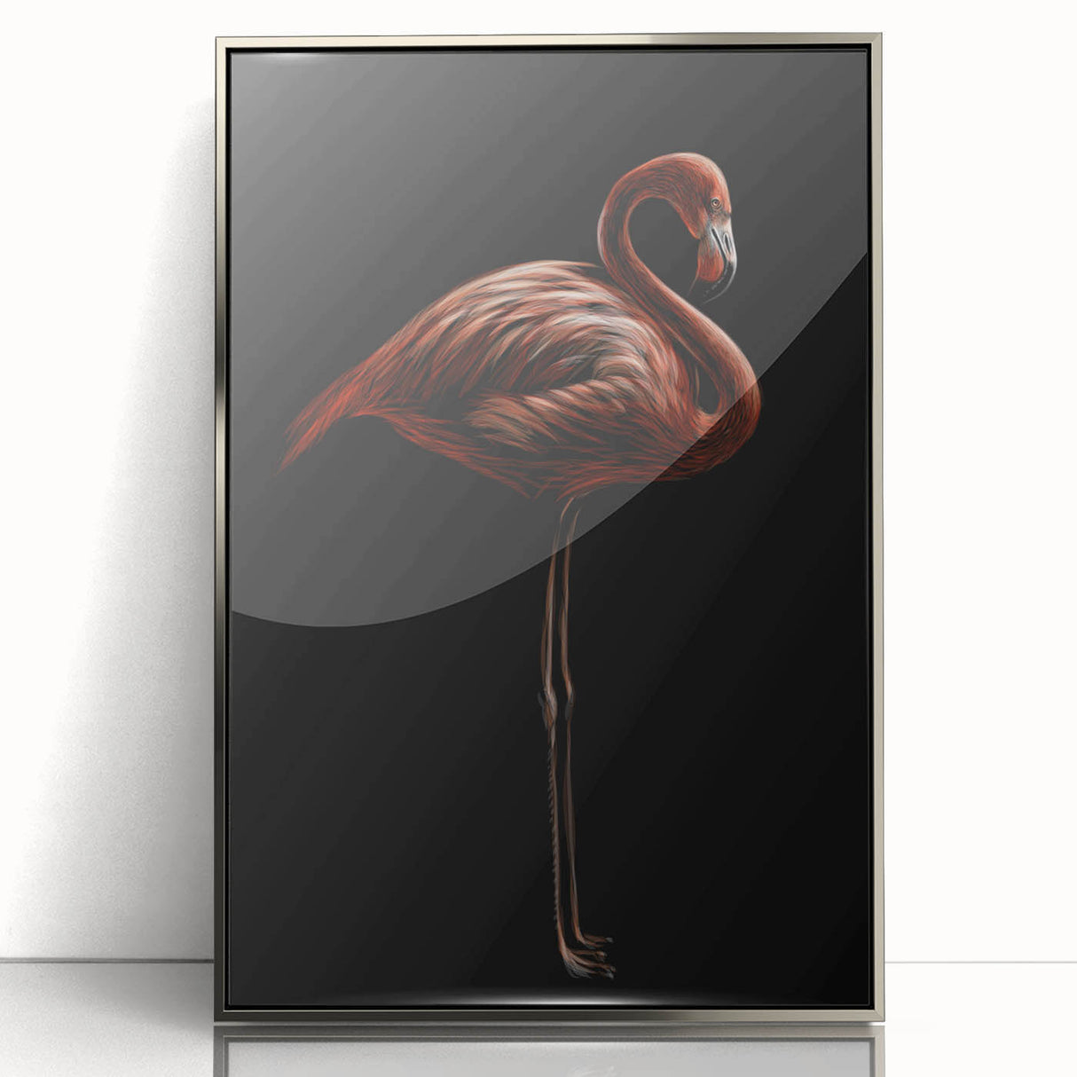 Framed acrylic wall art featuring a vibrant flamingo design with a sleek silver frame, perfect for modern home decor, adding a tropical touch to any space.