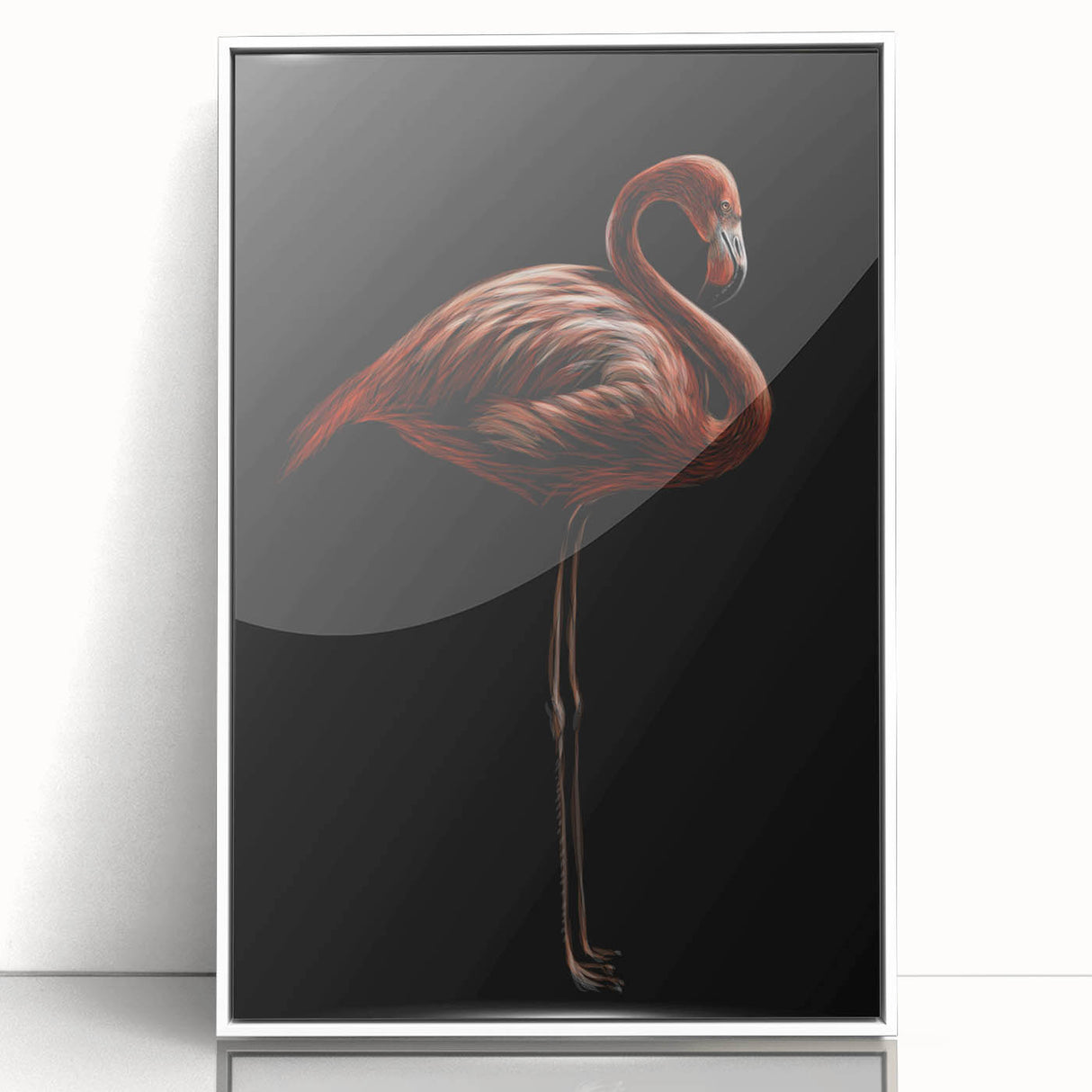 Framed wall art featuring a vibrant flamingo design in acrylic, showcasing a colorful tropical scene with a white frame, perfect for home decor accents.