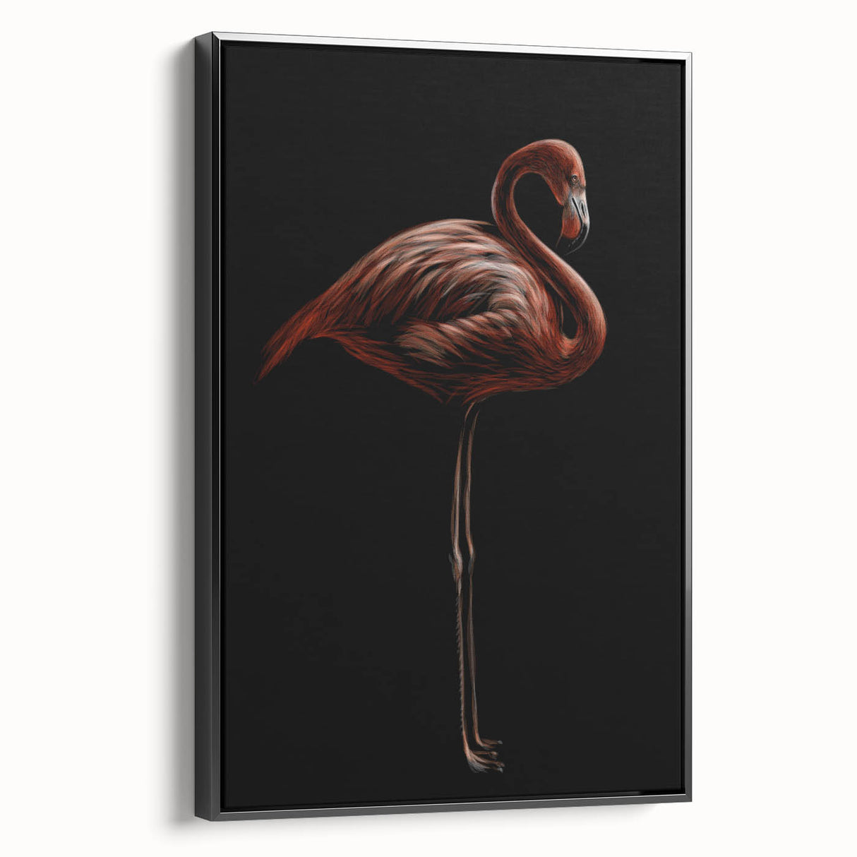 Framed canvas wall art featuring a vibrant flamingo design in pink and black, showcasing a modern aesthetic ideal for home decor, with a sleek side view.