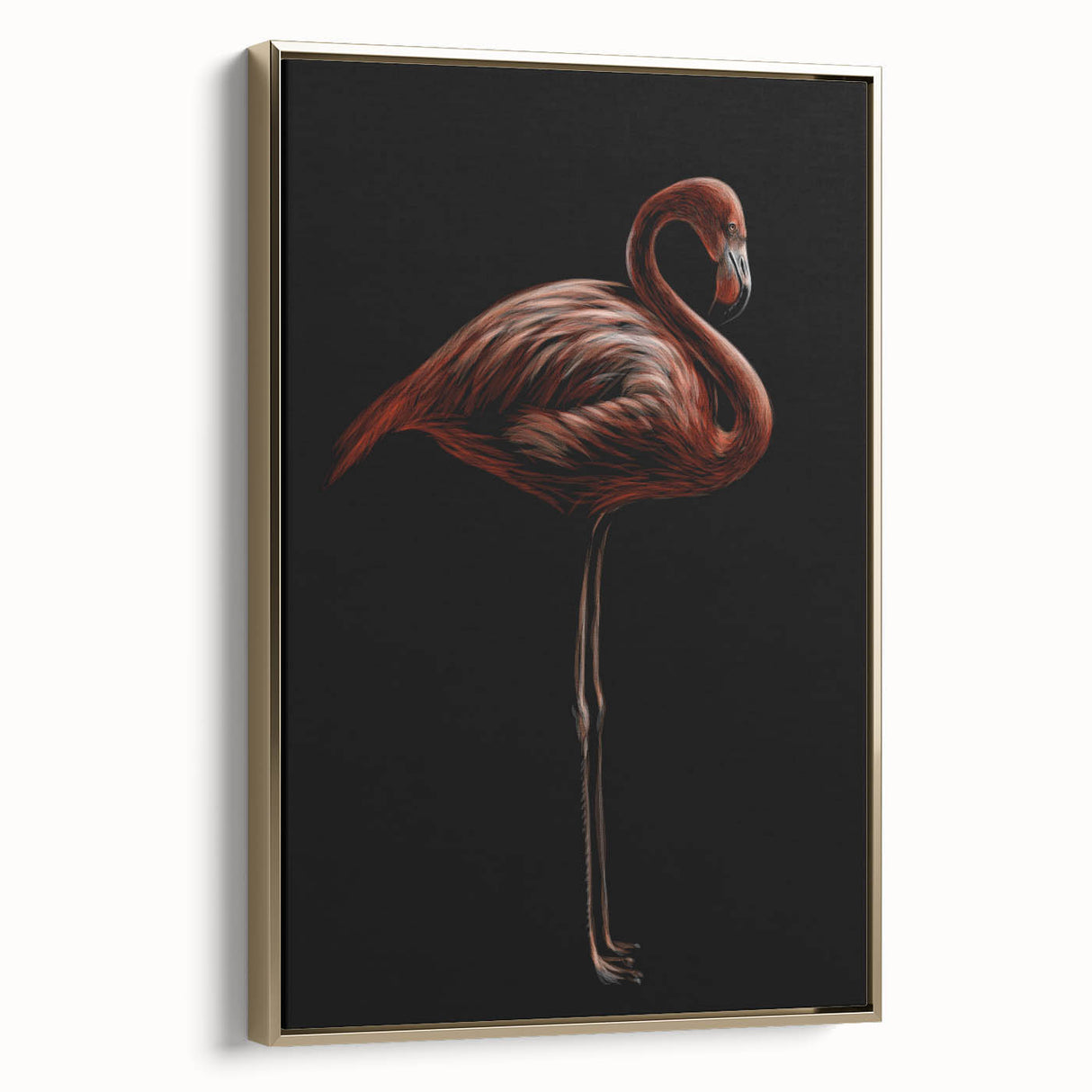 Framed wall art featuring a vibrant flamingo design in gold tones, showcasing intricate details and a sleek side view for stylish home decor. Perfect for bird lovers.
