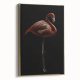 Framed wall art featuring a vibrant flamingo design in gold tones, showcasing intricate details and a sleek side view for stylish home decor. Perfect for bird lovers.