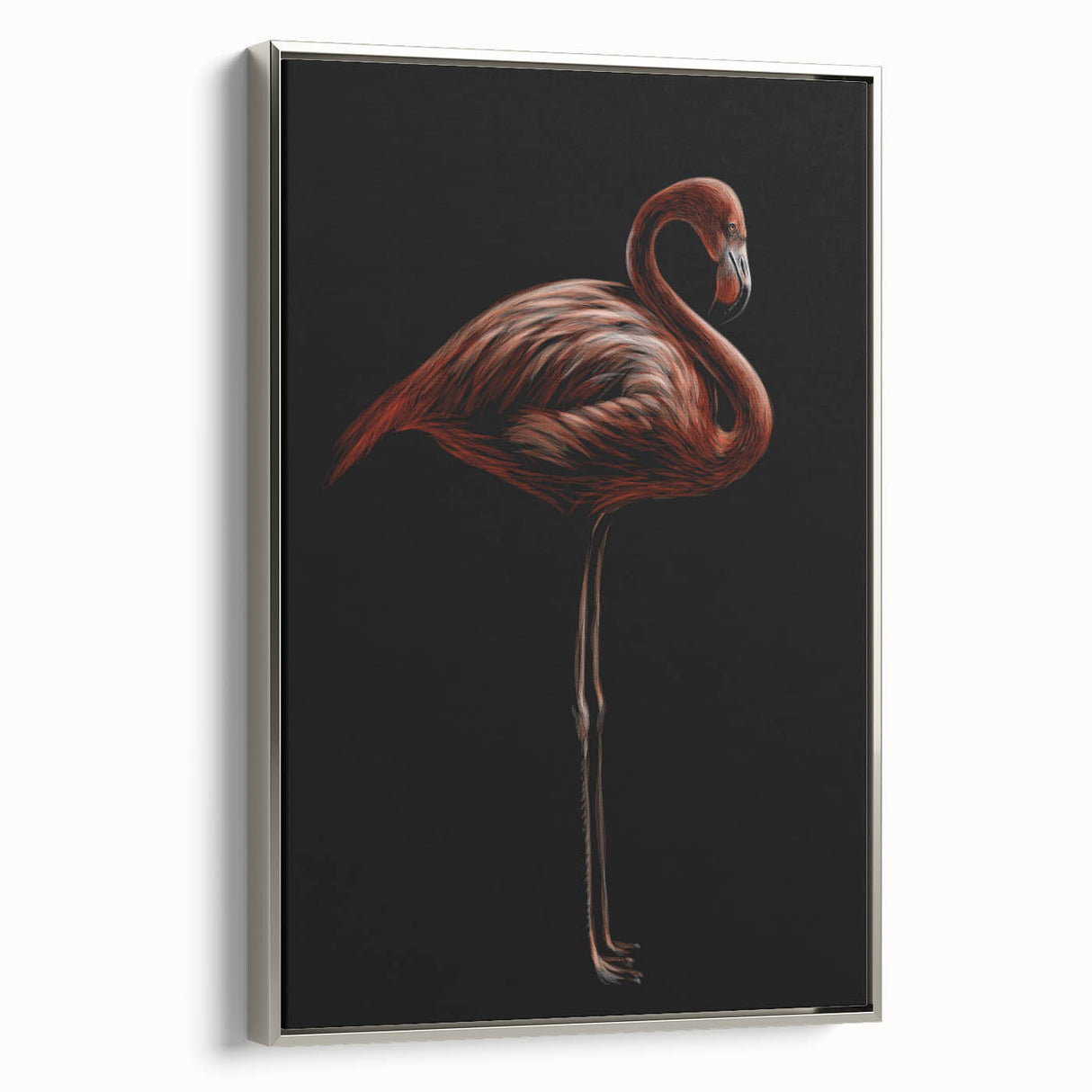 Framed wall art featuring a stylish flamingo design on a textured canvas, elegantly displayed with a silver frame, ideal for modern home decor.