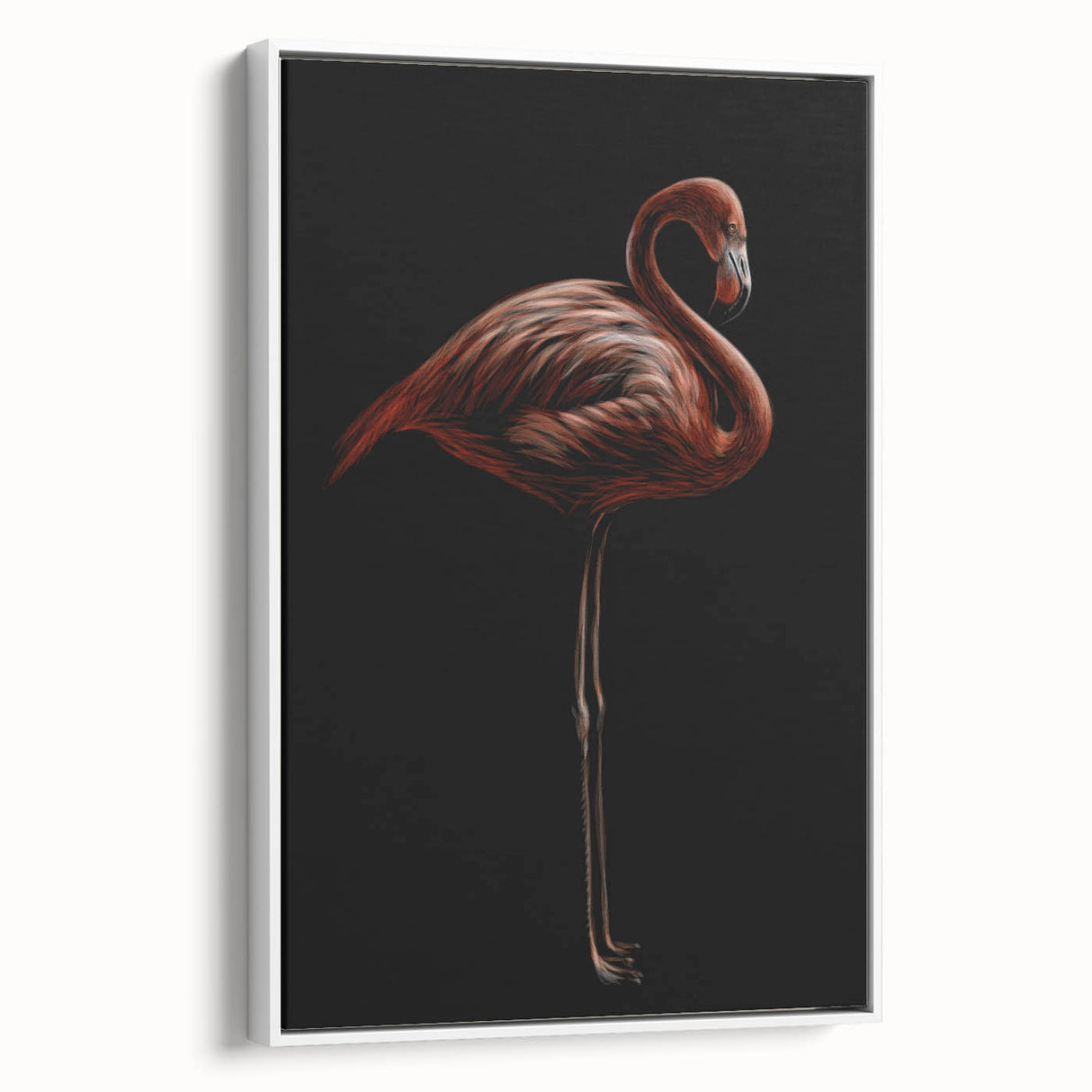 Framed canvas wall art featuring a vibrant flamingo design, displayed in a white frame, perfect for adding a tropical touch to home decor.